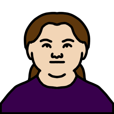 a head and shoulders portrait of a person with down syndrome with light skin and a brown ponytail. they are wearing a purple t-shirt.